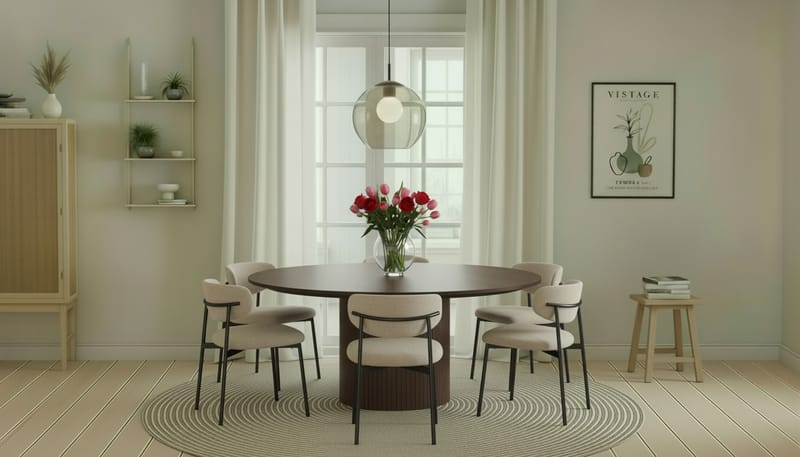 Kopparbo Rundt Spisebord 180 cm med 6 Lucy Spisestoler - Valnøtt / Greige Bouclé / Metallben Svart - Møbler - Bord - Spisegruppe