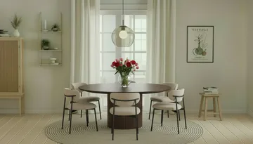 Kopparbo Rundt Spisebord 180 cm med 6 Lucy Spisestoler - Valnøtt / Greige Bouclé / Metallben Svart - Møbler - Bord - Spisegruppe