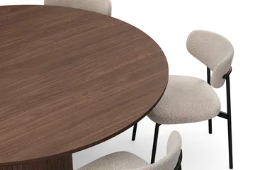 Kopparbo Rundt Spisebord 180 cm med 6 Lucy Spisestoler - Valnøtt / Greige Bouclé / Metallben Svart - Møbler - Bord - Spisegruppe