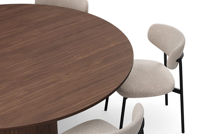 Kopparbo Rundt Spisebord 180 cm med 6 Lucy Spisestoler - Valnøtt / Greige Bouclé / Metallben Svart - Møbler - Bord - Spisegruppe
