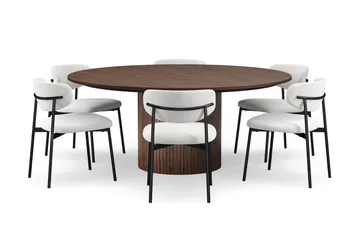 Kopparbo Rundt Spisebord 180 cm med 6 Lucy Spisestoler - Valnøtt / Hvit Bouclé / Metallben Svart - Møbler - Bord - Spisegruppe