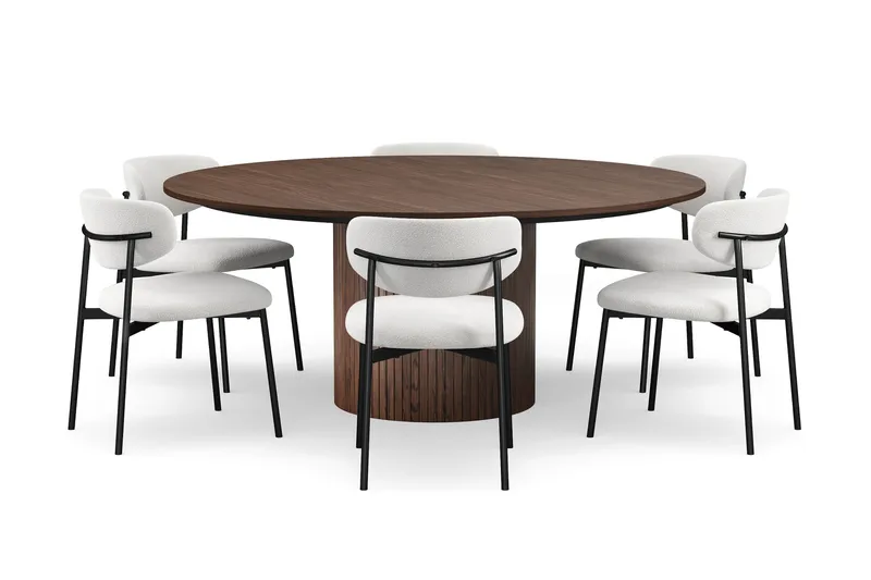 Kopparbo Rundt Spisebord 180 cm med 6 Lucy Spisestoler, Valnøtt / Hvit Bouclé / Metallben Svart