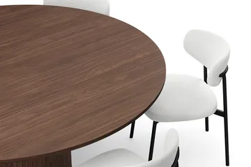 Kopparbo Rundt Spisebord 180 cm med 6 Lucy Spisestoler - Valnøtt / Hvit Bouclé / Metallben Svart - Møbler - Bord - Spisegruppe