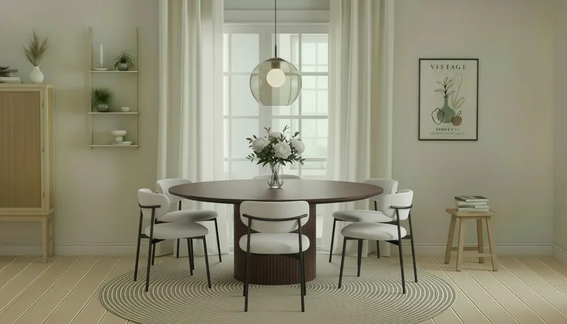 Kopparbo Rundt Spisebord 180 cm med 6 Lucy Spisestoler - Valnøtt / Hvit Bouclé / Metallben Svart - Møbler - Bord - Spisegruppe