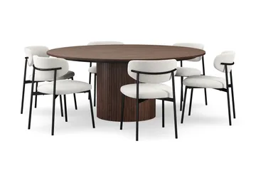 Kopparbo Rundt Spisebord 180 cm med 6 Lucy Spisestoler - Valnøtt / Hvit Bouclé / Metallben Svart - Møbler - Bord - Spisegruppe