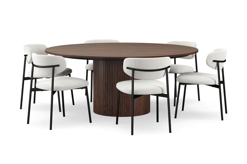 Kopparbo Rundt Spisebord 180 cm med 6 Lucy Spisestoler - Valnøtt / Hvit Bouclé / Metallben Svart - Møbler - Bord - Spisegruppe