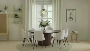 Kopparbo Rundt Spisebord 180 cm med 6 Nibe Plus Spisestoler - Valnøtt / Hvit Bouclé / Metallben Valnøtt - Møbler - Bord - Spisegruppe