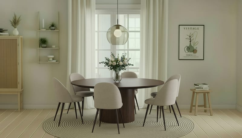 Kopparbo Rundt Spisebord 180 cm med 6 Nibe Plus Spisestoler - Valnøtt / Greige Bouclé / Metallben Valnøtt - Møbler - Bord - Spisegruppe