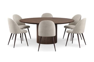 Kopparbo Rundt Spisebord 180 cm med 6 Nibe Plus Spisestoler - Valnøtt / Greige Bouclé / Metallben Valnøtt - Møbler - Bord - Spisegruppe