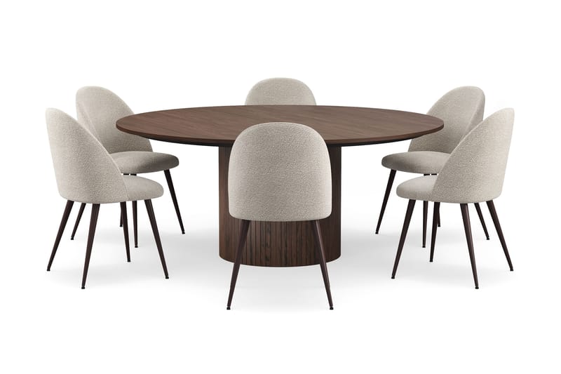 Kopparbo Rundt Spisebord 180 cm med 6 Nibe Plus Spisestoler - Valnøtt / Greige Bouclé / Metallben Valnøtt - Møbler - Bord - Spisegruppe