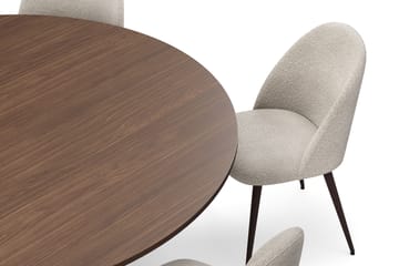 Kopparbo Rundt Spisebord 180 cm med 6 Nibe Plus Spisestoler - Valnøtt / Greige Bouclé / Metallben Valnøtt - Møbler - Bord - Spisegruppe
