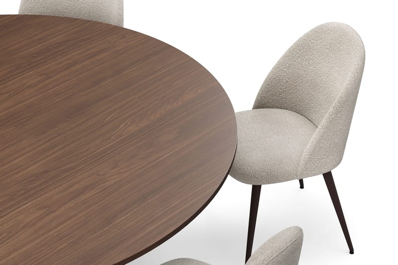 Kopparbo Rundt Spisebord 180 cm med 6 Nibe Plus Spisestoler - Valnøtt / Greige Bouclé / Metallben Valnøtt - Møbler - Bord - Spisegruppe