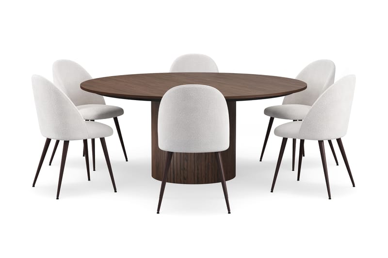 Kopparbo Rundt Spisebord 180 cm med 6 Nibe Plus Spisestoler, Valnøtt / Hvit Bouclé / Metallben Valnøtt