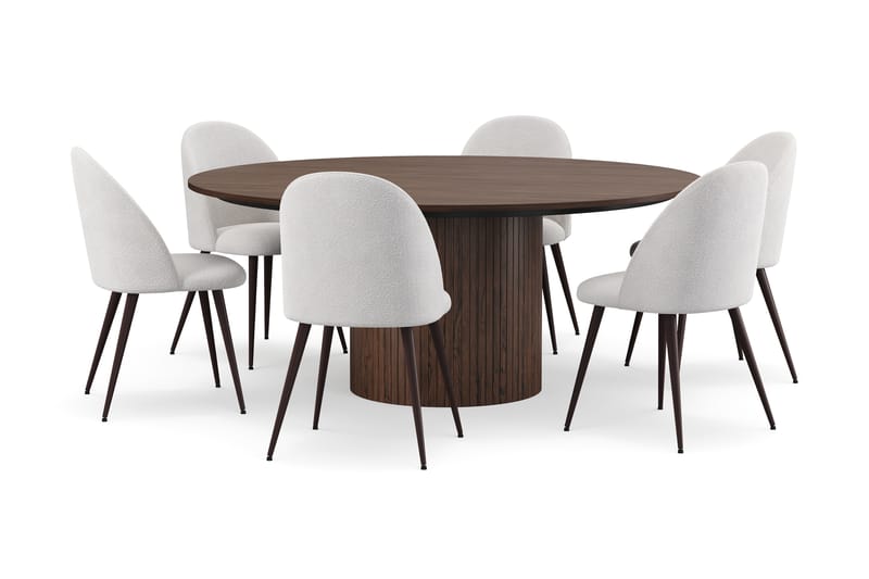 Kopparbo Rundt Spisebord 180 cm med 6 Nibe Plus Spisestoler - Valnøtt / Hvit Bouclé / Metallben Valnøtt - Møbler - Bord - Spisegruppe