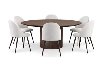 Kopparbo Rundt Spisebord 180 cm med 6 Nibe Plus Spisestoler - Valnøtt / Hvit Bouclé / Metallben Valnøtt - Møbler - Bord - Spisegruppe
