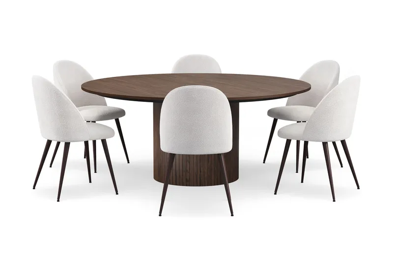 Kopparbo Rundt Spisebord 180 cm med 6 Nibe Plus Spisestoler - Valnøtt / Hvit Bouclé / Metallben Valnøtt - Møbler - Bord - Spisegruppe