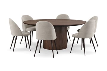 Kopparbo Rundt Spisebord 180 cm med 6 Nibe Plus Spisestoler - Valnøtt / Greige Bouclé / Metallben Valnøtt - Møbler - Bord - Spisegruppe