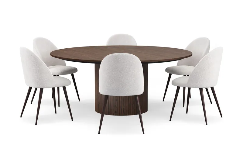 Kopparbo Rundt Spisebord 180 cm med 6 Nibe Plus Spisestoler - Valnøtt / Hvit Bouclé / Metallben Valnøtt - Møbler - Bord - Spisegruppe