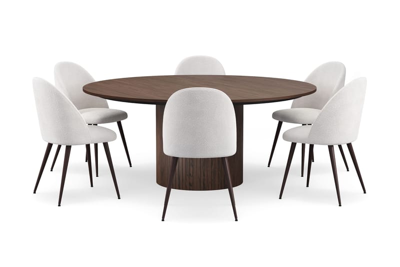 Kopparbo Rundt Spisebord 180 cm med 6 Nibe Plus Spisestoler - Valnøtt / Hvit Bouclé / Metallben Valnøtt - Møbler - Bord - Spisegruppe