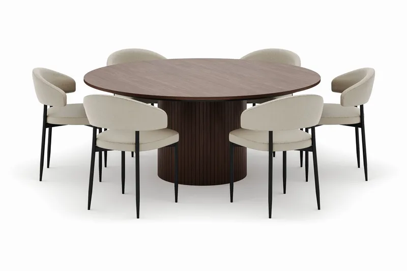 Kopparbo Rundt Spisebord 180 cm med 6 Sawako Stoler - Valnøtt - Møbler - Bord - Spisegruppe