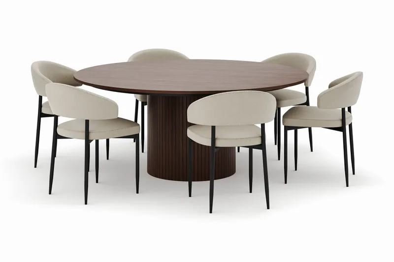 Kopparbo Rundt Spisebord 180 cm med 6 Sawako Stoler, Valnøtt