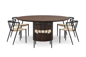 Kopparbo Rundt Spisebord 180 cm med 6 Winston Spisestoler - Valnøtt / Beige / Metallben Svart - Møbler - Bord - Spisegruppe