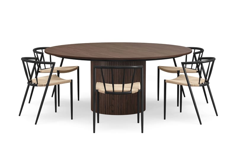 Kopparbo Rundt Spisebord 180 cm med 6 Winston Spisestoler - Valnøtt / Beige / Metallben Svart - Møbler - Bord - Spisegruppe