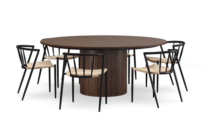 Kopparbo Rundt Spisebord 180 cm med 6 Winston Spisestoler, Valnøtt / Beige / Metallben Svart