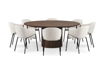 Kopparbo Rundt Spisebord 180 cm med 8 Filip Spisestoler - Valnøtt / Hvit Bouclé - Møbler - Bord - Spisegruppe