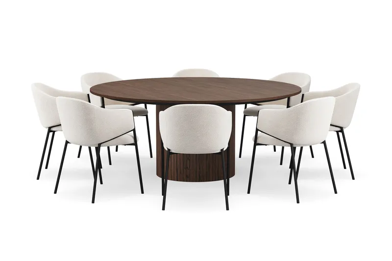 Kopparbo Rundt Spisebord 180 cm med 8 Filip Spisestoler - Valnøtt / Hvit Bouclé - Møbler - Bord - Spisegruppe