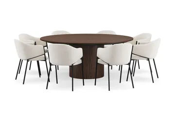 Kopparbo Rundt Spisebord 180 cm med 8 Filip Spisestoler - Valnøtt / Hvit Bouclé - Møbler - Bord - Spisegruppe