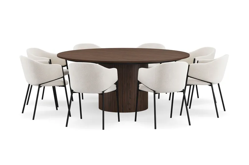 Kopparbo Rundt Spisebord 180 cm med 8 Filip Spisestoler, Valnøtt / Hvit Bouclé