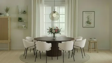 Kopparbo Rundt Spisebord 180 cm med 8 Filip Spisestoler - Valnøtt / Hvit Bouclé - Møbler - Bord - Spisegruppe