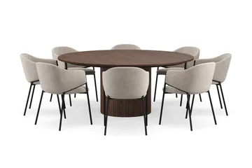 Kopparbo Rundt Spisebord 180 cm med 8 Filip Spisestoler - Valnøtt / Taupe Bouclé - Møbler - Bord - Spisegruppe
