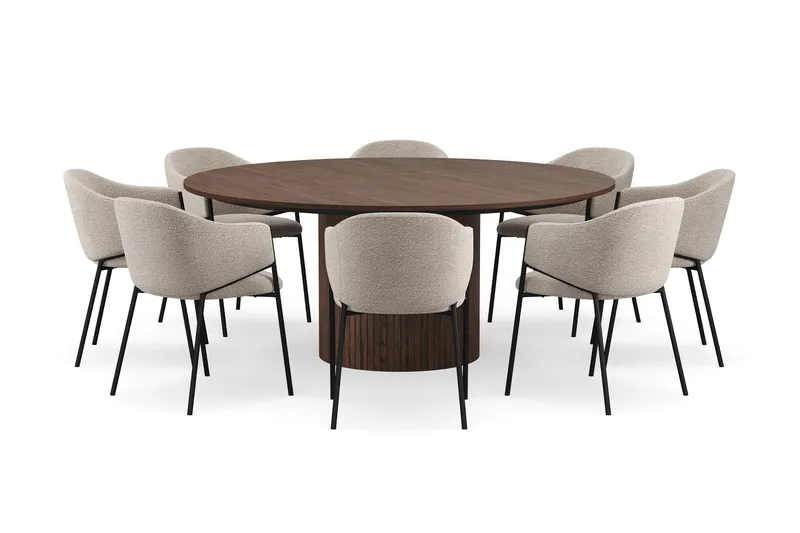 Kopparbo Rundt Spisebord 180 cm med 8 Filip Spisestoler - Valnøtt / Taupe Bouclé - Møbler - Bord - Spisegruppe