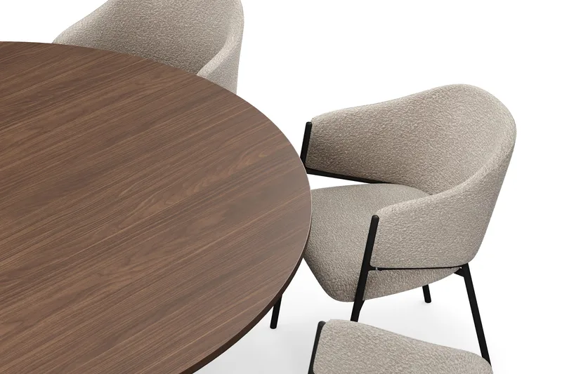 Kopparbo Rundt Spisebord 180 cm med 8 Filip Spisestoler - Valnøtt / Taupe Bouclé - Møbler - Bord - Spisegruppe