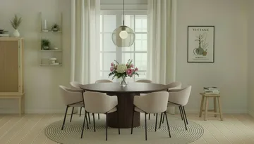 Kopparbo Rundt Spisebord 180 cm med 8 Filip Spisestoler - Valnøtt / Taupe Bouclé - Møbler - Bord - Spisegruppe