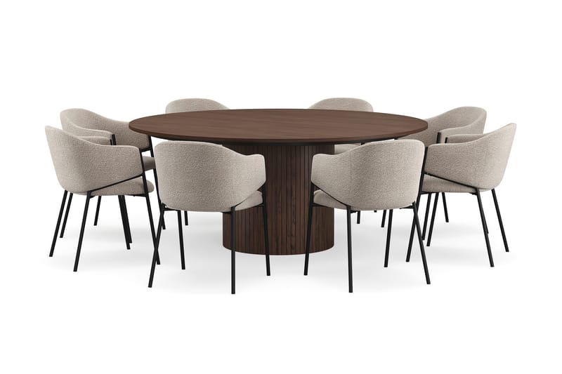 Kopparbo Rundt Spisebord 180 cm med 8 Filip Spisestoler, Valnøtt / Taupe Bouclé