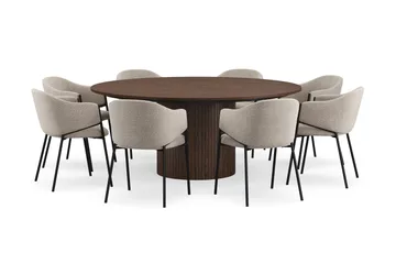Kopparbo Rundt Spisebord 180 cm med 8 Filip Spisestoler - Valnøtt / Taupe Bouclé - Møbler - Bord - Spisegruppe