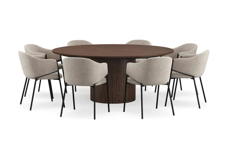 Kopparbo Rundt Spisebord 180 cm med 8 Filip Spisestoler, Valnøtt / Taupe Bouclé