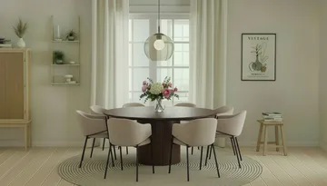 Kopparbo Rundt Spisebord 180 cm med 8 Filip Spisestoler - Valnøtt / Taupe Bouclé - Møbler - Bord - Spisegruppe