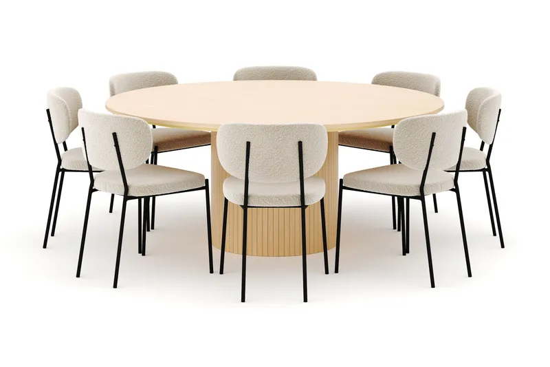 Kopparbo Rundt Spisebord 180 cm med 8 Gemmiano Stoler, Hvitlasert