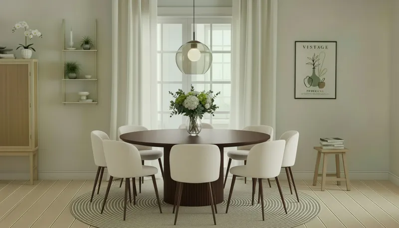 Kopparbo Rundt Spisebord 180 cm med 8 Greya Spisestoler med armlener - Valnøtt / Hvit Bouclé / Metallben Valnøtt - Møbler - Bord - Spisegruppe