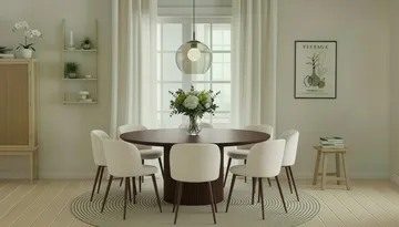 Kopparbo Rundt Spisebord 180 cm med 8 Greya Spisestoler med armlener - Valnøtt / Hvit Bouclé / Metallben Valnøtt - Møbler - Bord - Spisegruppe