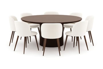 Kopparbo Rundt Spisebord 180 cm med 8 Greya Spisestoler med armlener - Valnøtt / Hvit Bouclé / Metallben Valnøtt - Møbler - Bord - Spisegruppe