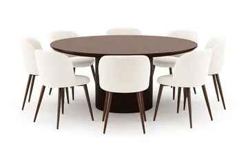 Kopparbo Rundt Spisebord 180 cm med 8 Greya Spisestoler med armlener - Valnøtt / Hvit Bouclé / Metallben Valnøtt - Møbler - Bord - Spisegruppe