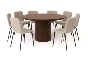 Kopparbo Rundt Spisebord 180 cm med 8 Katy Spisestoler - Valnøtt / Greige Bouclé / Metallben Svart - Møbler - Bord - Spisegruppe