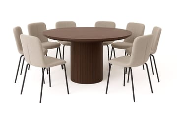 Kopparbo Rundt Spisebord 180 cm med 8 Katy Spisestoler - Valnøtt / Greige Bouclé / Metallben Svart - Møbler - Bord - Spisegruppe