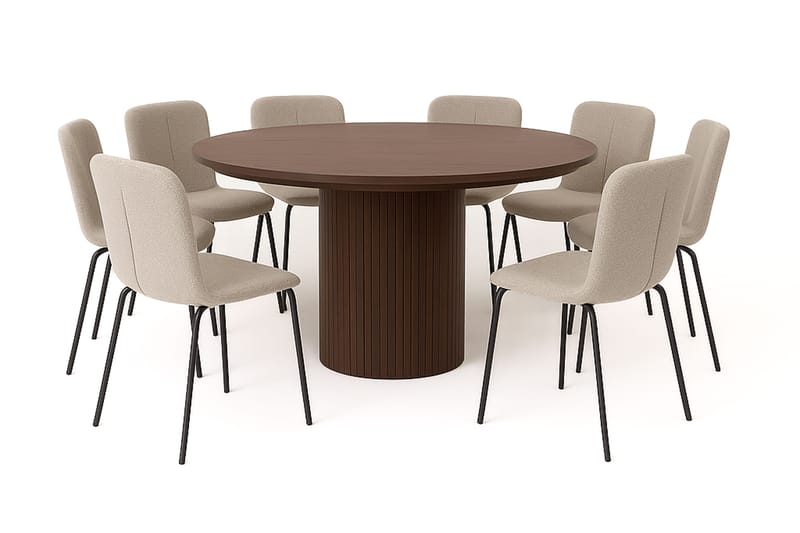 Kopparbo Rundt Spisebord 180 cm med 8 Katy Spisestoler, Valnøtt / Greige Bouclé / Metallben Svart