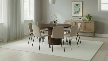 Kopparbo Rundt Spisebord 180 cm med 8 Katy Spisestoler - Valnøtt / Greige Bouclé / Metallben Svart - Møbler - Bord - Spisegruppe